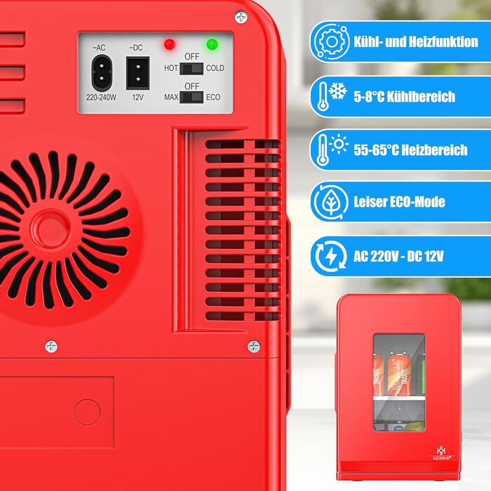 Міні холодильник/термобокс KESSER® 2в1, 15л, з функцією охолодження та підігріву, портативний, AC/DC 220-240V/12V, для авто, офісу, дому, кемпінгу, червоний