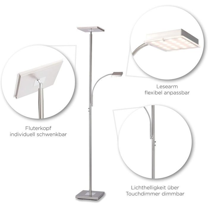 LED торшер SellTec з димером, стельовий світильник з регульованою лампою для читання, сенсорний димер, тепле біле світло, сучасний дизайн з нержавіючої сталі для вітальні, офісу та спальні, квадратний з лампою для читання