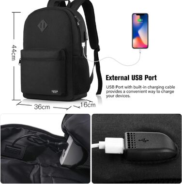 Рюкзак YAMTION для ноутбука 15.6'' з USB, чорний, універсальний для школи, підлітків, чоловіків і жінок, для навчання, роботи та подорожей
