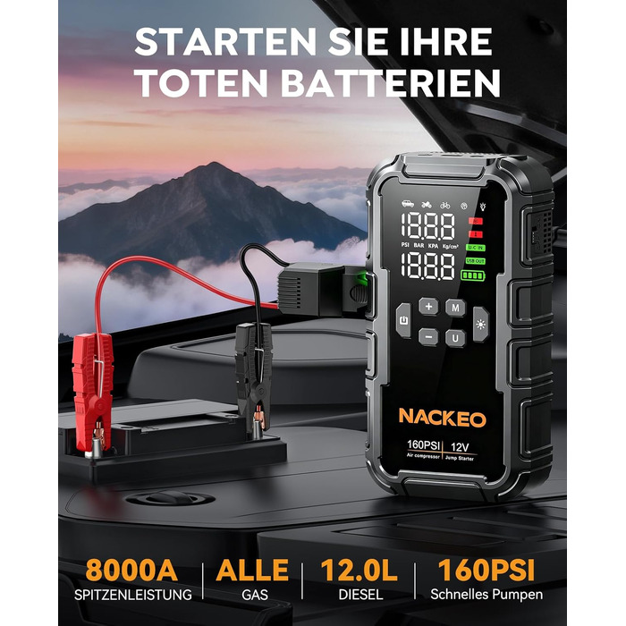 Пусковий пристрій (бустер) 8000A для авто з компресором 160 PSI, Powerbank 12V для бензинових та дизельних двигунів до 12л, з LED-ліхтарем 600LM та LCD-дисплеєм