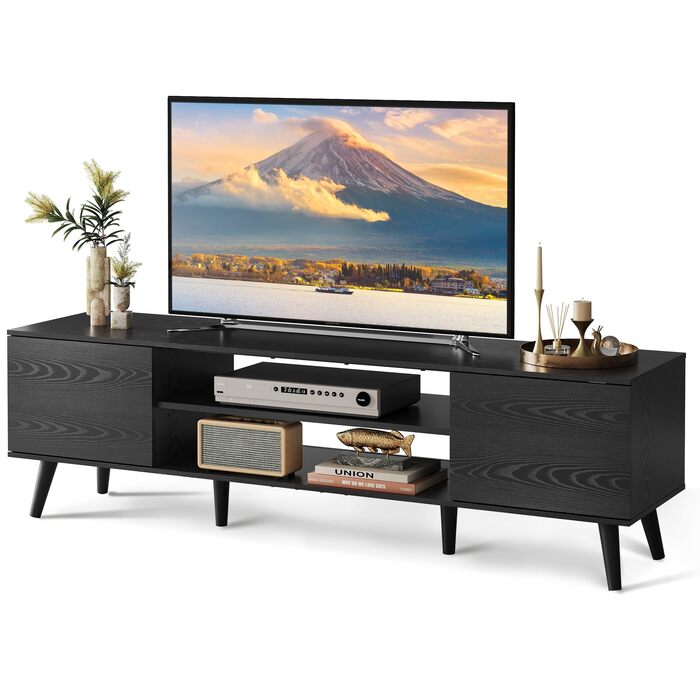 Тумба під телевізор WLIVE Schwarz 160x40x47 см, чорна, з 2 дверцятами та 2 відкритими полицями для вітальні, спальні, їдальні