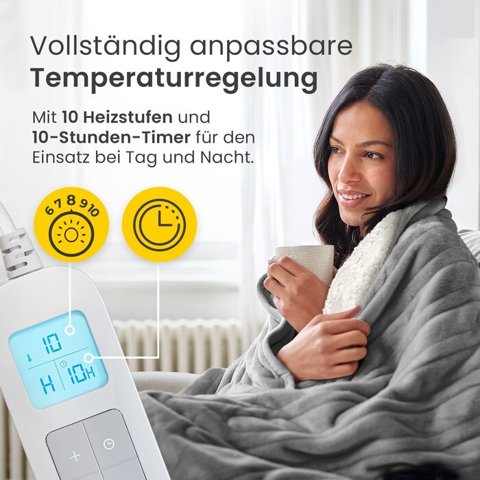 Електрична електроковдра Cosi Home 180x130 см з автовимкненням та 10 рівнями підігріву, сіра (Fleece & Sherpa)