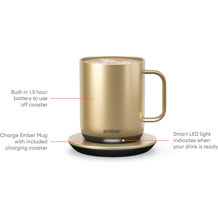Розумна чашка Ember Smart Mug 2 295 мл із регулюванням температури, управлінням через додаток, акумулятором на 1,5 години, LED-дисплеєм, заряджається, оновлений дизайн, золота