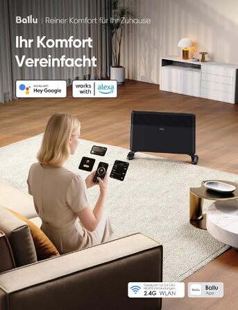 Конвектор електричний Ballu з Wi-Fi керуванням, 1500 Вт, настінний та підлоговий монтаж (чорний)