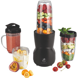 Блендер KOCHWERK Smoothie Maker 12-в-1, 4 чаші, To-Go кришка, подрібнення льоду, для фруктів, овочів і горіхів, міні-стаціонарний, BPA-Free, чорний