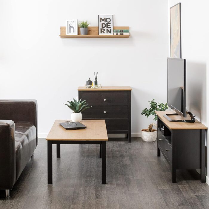 Тумба під телевізор Hagge Home 110x40 см, масив дерева, біла/чорна, для вітальні