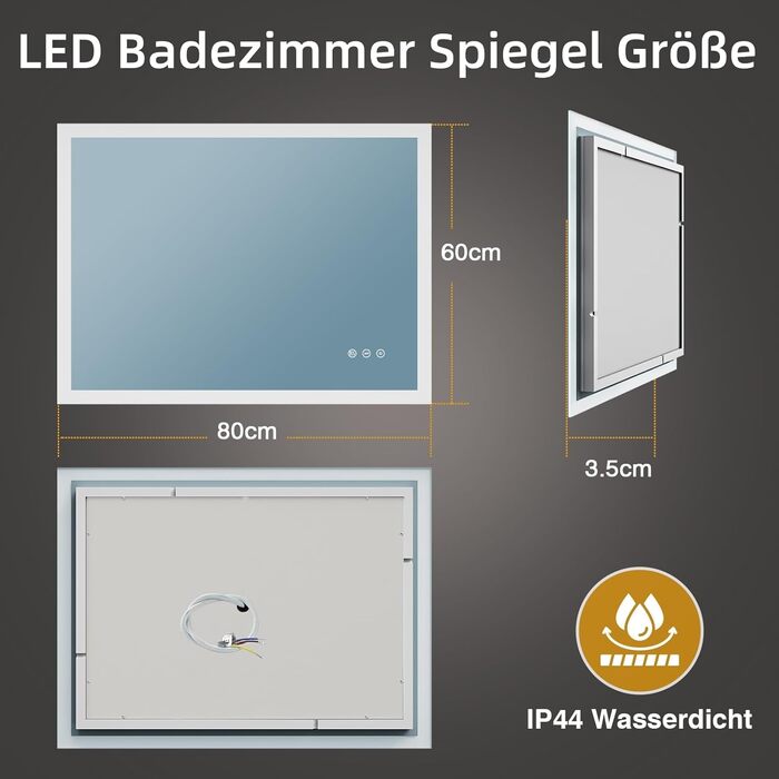 LED дзеркало для ванної кімнати 80x60 см з підсвічуванням, 3 кольори світла, регулювання яскравості, антизапарник, сенсорне керування, пам'ять, IP44, вологостійке