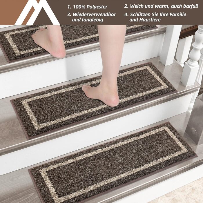 Килимки для сходів COSY HOMEER, самоклеючі, машинне прання, 100% поліестер, 70x22 см, для дітей, літніх і собак, 4 шт., коричневі