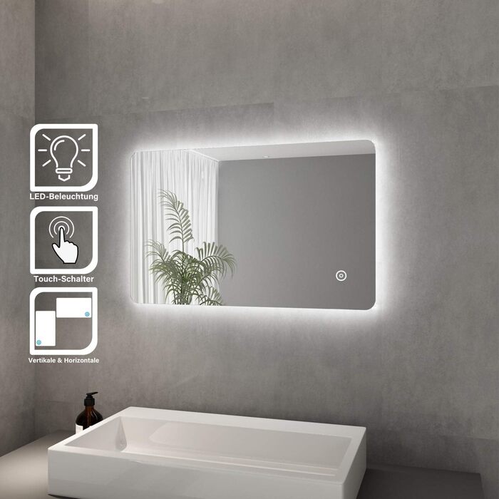 Елегантне дзеркало для ванної кімнати з LED-підсвічуванням 45x60 см, холодне біле світло, IP44, енергозберігаюче. Ванне дзеркало, дзеркало для ванної, настінне дзеркало. Розміри: 80x50 см