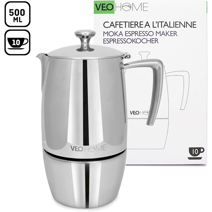 Mokka Pot VeoHome: Кавоварка гейзерна на 10 чашок, 500 мл, нержавіюча сталь, італійська, для Induktion, Gas, Keramik, Elektrik, без алюмінію, з подвійним фільтром
