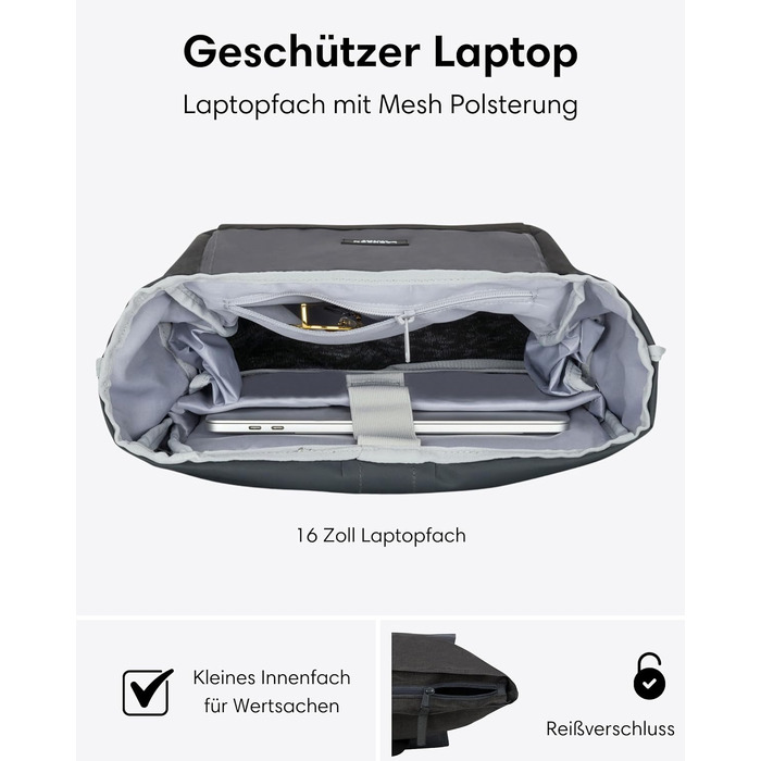 Рюкзак LARKSON Rolltop 21 л для ноутбука 16'' сірий — універсальний міський рюкзак для жінок і чоловіків, для університету, роботи, велосипеда, подорожей, з відділенням для ноутбука та кріпленням на валізу