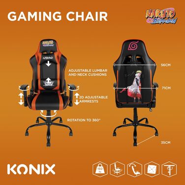 Ігрове крісло Konix Naruto Shippuden Premium, PVC-шкіра, ергономічне, з подушками для попереку та шиї, нахил 150°, дизайн Хокаге, чорне з помаранчевим