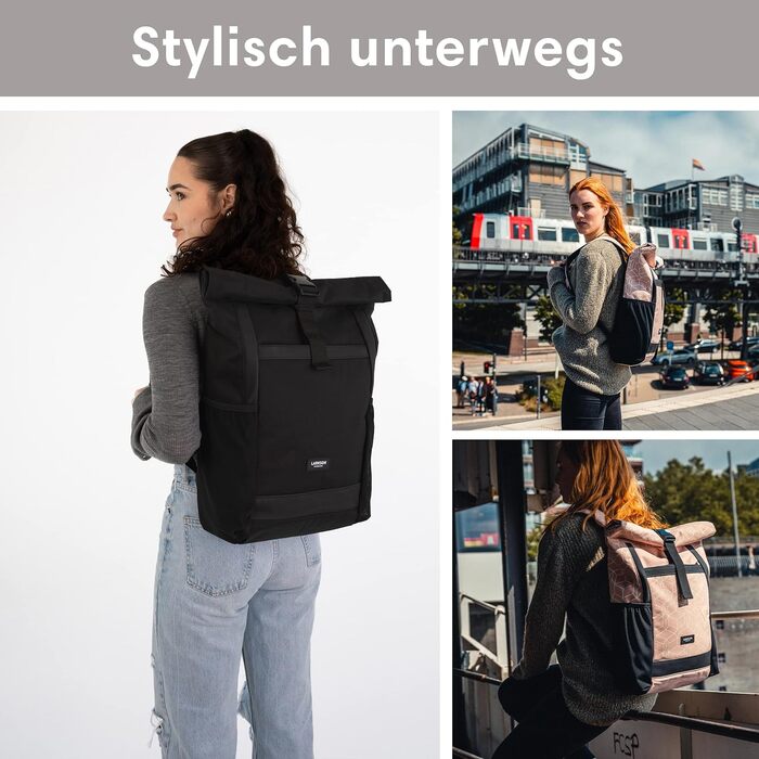 Жіночий рюкзак LARKSON Rolltop No 2, великий, рожевий з візерунком, для школи, університету, велосипеда, з відділенням для 16'' ноутбука, водовідштовхувальний, антивикрадний, екологічний