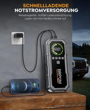 Powerbank Starthilfe BRPOM для автомобіля з компресором 160PSI, 8000A, 26800mAh, для бензинових та дизельних двигунів (12.0L), стартер, LED-ліхтар 600LUM, сріблясто-сірий