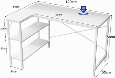 Кутовий L-подібний письмовий стіл для комп'ютера з полицею, 120x80x73 см, білий — офісний стіл для дому та Homeoffice з регульованими ніжками
