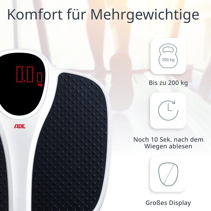 Цифрова вага для людей ADE до 200 кг, широка протиковзка платформа, великий дисплей, професійна вага для ванної кімнати