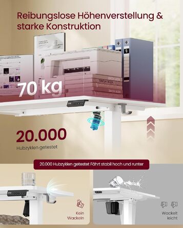 Регульований стіл VASAGLE для комп'ютера зі функцією пам'яті висоти, 80x50 см, білий