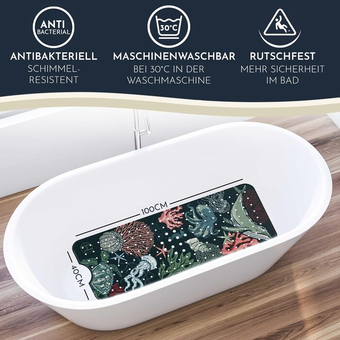 Протиковзкий килимок для ванни Homerella 100x40 см, без BPA, з 2 гачками, гіпоалергенний, стійкий до плісняви, машинне прання, Boho Reef