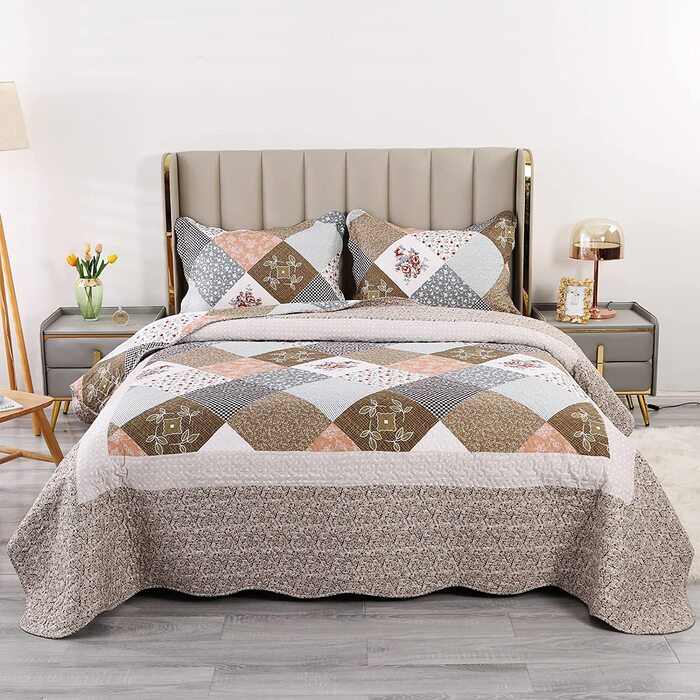 Покривало стьобане Qucover Patchwork 230x250 см для двоспального ліжка, комплект з 2 наволочками 50x70 см, зимовий, поліестер, двосторонній візерунок
