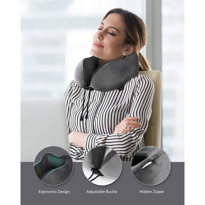 Подушка для шиї Homiee для подорожей: ортопедична, з memory foam, для автомобіля, літака, офісу (сіра)