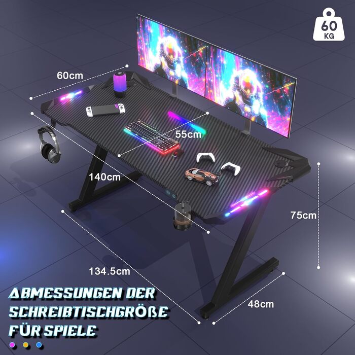 Ігровий стіл JUMMICO з RGB LED-підсвіткою, комп'ютерний стіл для геймерів та Home-office з тримачем для навушників та підстаканником, чорний (140 x 60 см)