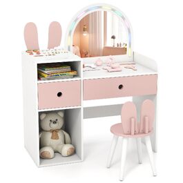 Дитячий туалетний столик GOPLUS з дзеркалом та стільцем, Bunny з LED-підсвіткою, шухлядами та полицями, косметичний столик для дівчаток від 3 років