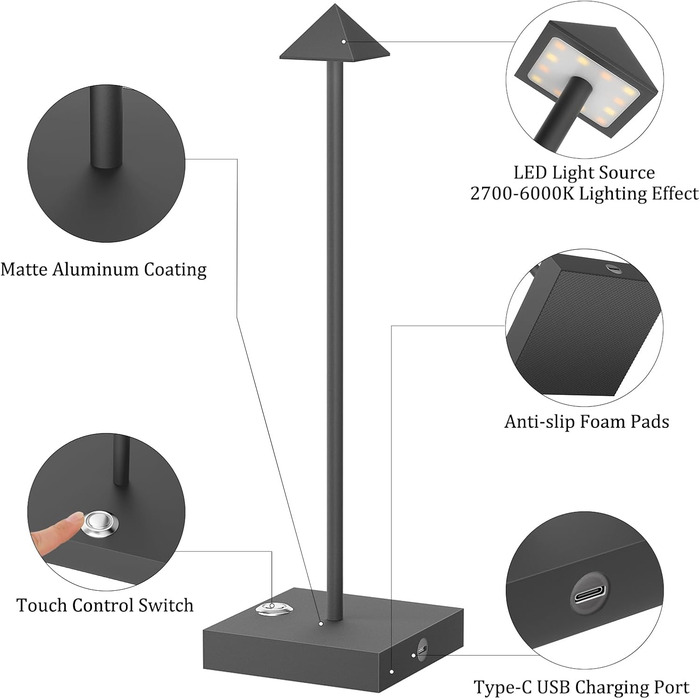 LED настільна лампа Aipsun, 2 шт., димована, акумуляторна, бездротова, антрацит, алюміній, IP54, USB-C, 2700K/4000K/6000K, водостійка