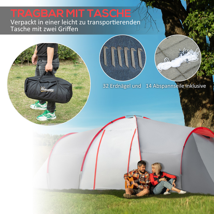 Outsunny Camping Tent, Тунельний намет на 6 осіб з 2 спальнями, вітальня, тамбур, вітрозахисний сімейний намет UV50+ з сумкою для перенесення, 2000 мм водовідштовхувальний засіб для кемпінгу, саду, сірий