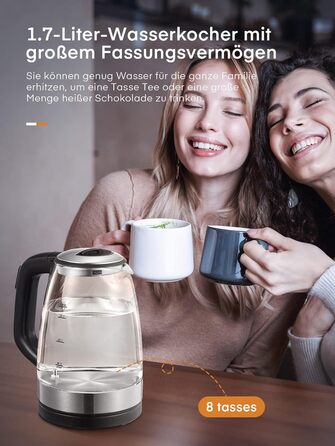 Електрочайник FOHERE з регулюванням температури, 1.7 л, скляний, 2200 Вт, LED-підсвітка, 5 температурних режимів (50–100°C), функція підтримки тепла, нержавіюча сталь, BPA-free