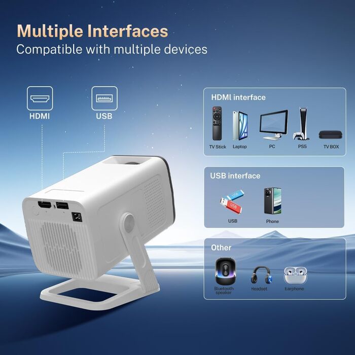 Портативний проєктор LYNCAST HY300 Pro з Wi-Fi, Bluetooth та Android 11. Підтримка 1080P/4K, поворотний на 180°, для домашнього кінотеатру та використання на відкритому повітрі (VisualCube 300 White)