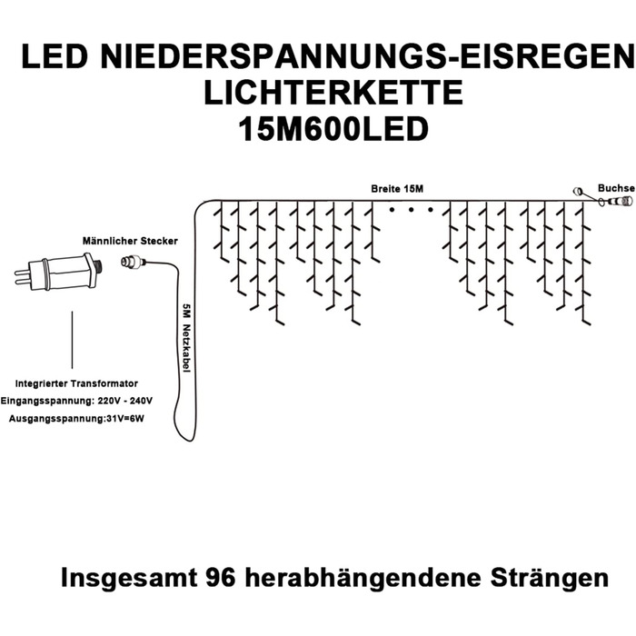 Світлодіодна гірлянда-завіса interGo Eisregen 15м, 600 LED, теплий білий колір, IP44 вологозахищена, 8 режимів з таймером для вулиці та дому