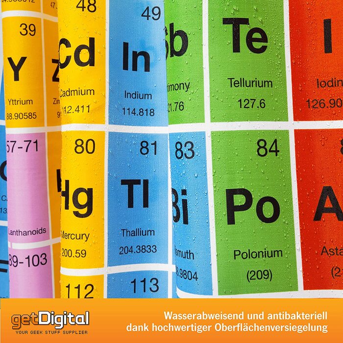 Душова завіса getDigital Періодична система, антигрибкова, поліестер, 180x200 см, для ванної, популярна серед гік-спільноти