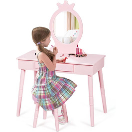 Дитячий туалетний столик GOPLUS з дзеркалом і пуфом, рожевий дерев'яний косметичний столик з шухлядою для дівчаток у дитячу кімнату