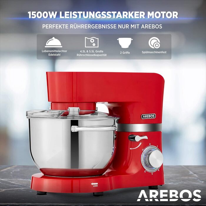 Кухонна машина Arebos 1500W з двома чашами з нержавіючої сталі (4.5L та 5.5L) | Кухонний міксер з набором насадок (крюк для тіста, вінчик, гак для збивання) та захистом від бризок | 6 швидкостей