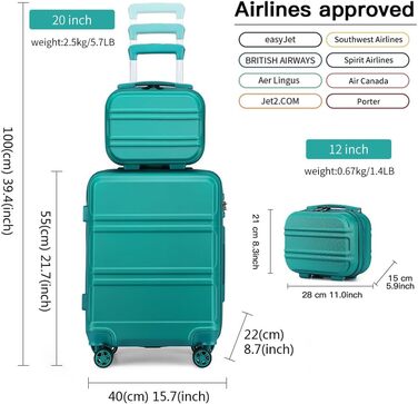 Набір дорожніх валіз Kono з ABS-пластику, жорсткий чемодан на 4 колесах з TSA-замком, бірюзовий, 55 см, ручна поклажа + косметичка