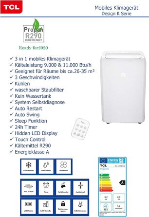 Мобільний кондиціонер з функцією обігріву 12000 BTU до 32 м² з витяжним шлангом 1,5 м, таймером і режимом осушення