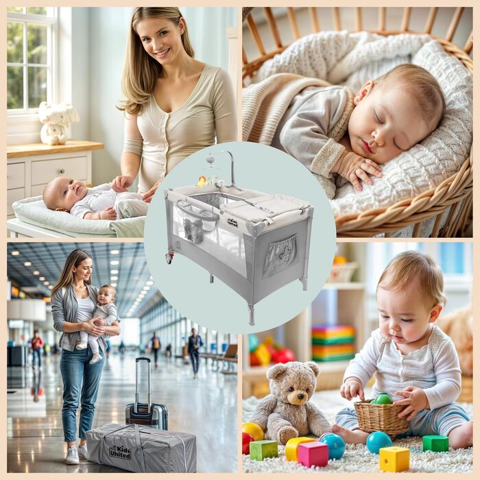 Дитяче ліжко-манеж All Kids United® для подорожей з матрацом, пеленальним столиком, музичним провідником та мобілем (сірий)