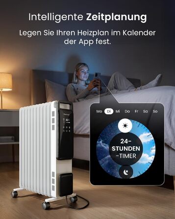 Розумний електричний масляний радіатор Pro Breeze 2500W, 11 секцій, керування через WLAN/App, з термостатом, таймером на 24г та сенсорним дисплеєм, білий