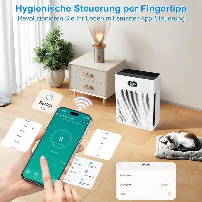 Очищувач повітря HEPA з керуванням через додаток, LED-дисплеєм PM2.5, CADR 250м³/год для приміщень до 90м², нічний режим 22 дБ, фільтрація пилу, пилку та шерсті тварин