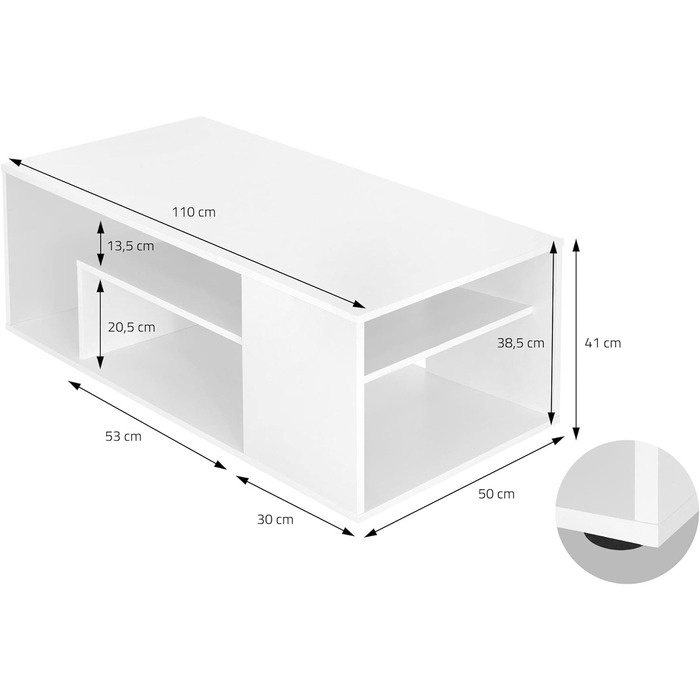 Стіл журнальний ML-Design білий глянець 100x42x60 см, з полицею зі скла та 4 бічними відділеннями, сучасний стіл для вітальні з місцем для зберігання, дерев'яний кофейний стіл