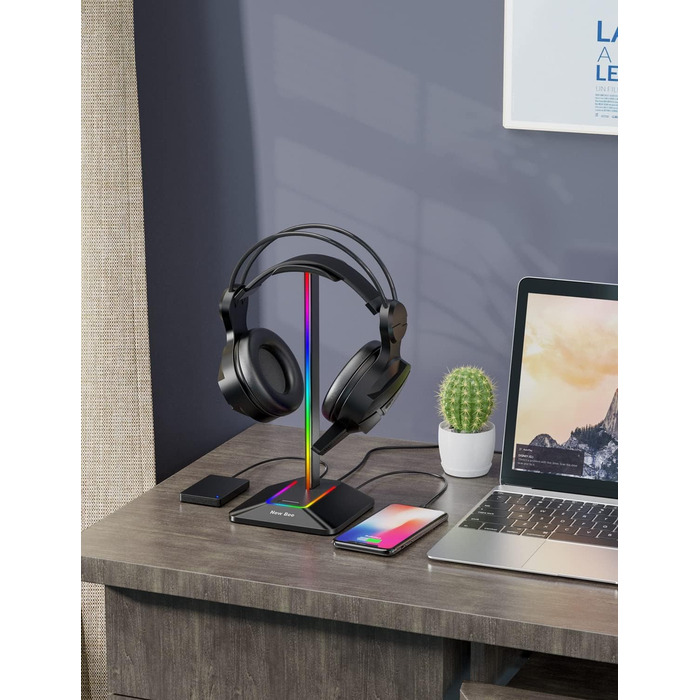 Підставка для навушників New Bee з RGB підсвіткою, USB Type-C зарядкою та передачею даних, універсальний тримач для геймерських навушників, чорний