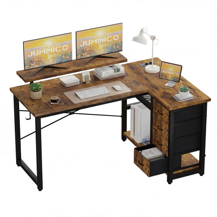Кутовий комп'ютерний стіл L-подібний JUMMICO з 4 ящиками, розетками та USB, 140x80 см (Коричневий) для дому та геймінгу