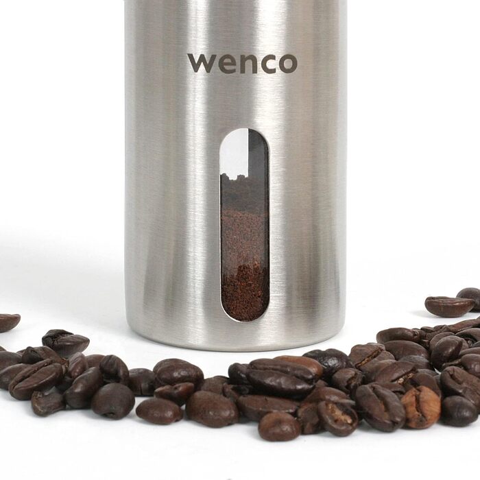 Ручна кавомолка Wenco Premium з нержавіючої сталі, для еспресо та кави, регульований помел, 16,5x4,5x22 см, срібляста