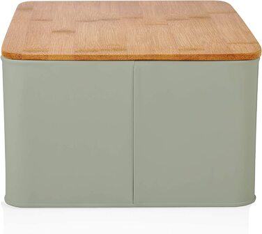 Хлібниця Lumaland Cuisine з металу та бамбуковою кришкою, прямокутна 30,5×23,5×14 см, 2-в-1 контейнер для хліба та обробна дошка, м'ятна