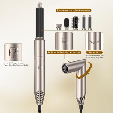 UKLISS Airstyler 5-в-1: Фен-щітка, стайлер для волосся з іонізацією, випрямляч, плойка для локонів, насадки для укладання. Золото-білий колір
