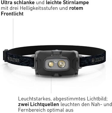 Налобний ліхтар Ledlenser HF4R Core, LED, 500 люмен, акумуляторний, водонепроникний IP68, з червоним світлом, чорний, для туризму та спорту