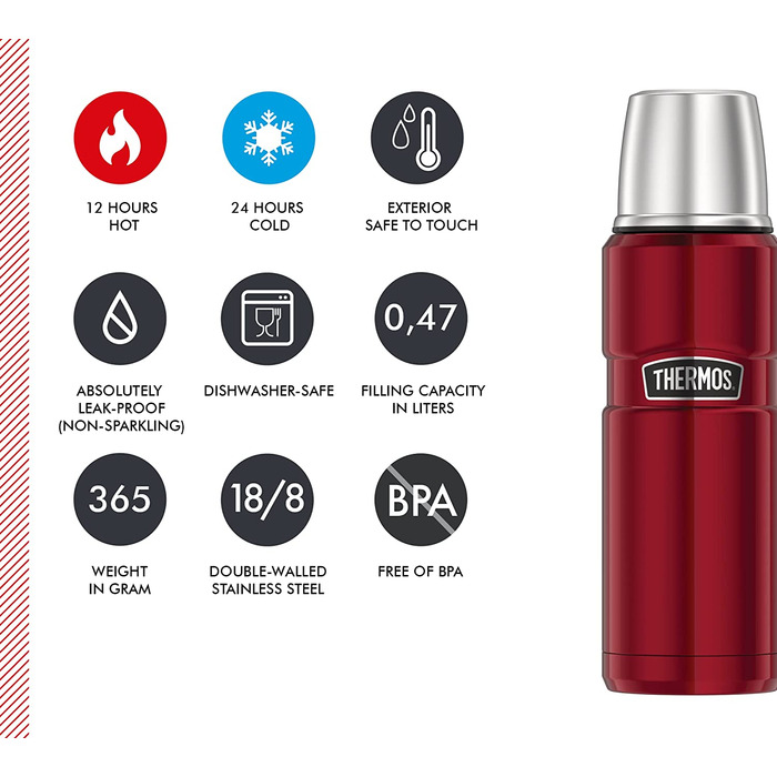 Термос Thermos Stainless King 470 мл, нержавіюча сталь, кранбері, без ручки, тримає тепло 12 годин, холод 24 години, BPA-Free, з кришкою-дозатором