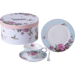 Чашка та блюдце з порцеляни Shabby Chic 19,1 см, десертна тарілка, синя, з пташкою, метеликом і квітами у подарунковій коробці, вінтажний стиль