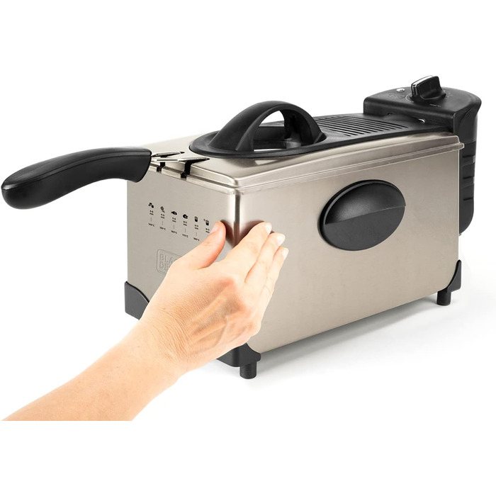 Електрична фритюрниця BLACK+DECKER BXDF2100E, 2100 Вт, 3 л, знімна чаша, нержавіюча сталь, сіра, регулювання температури, легке очищення, підходить для посудомийки