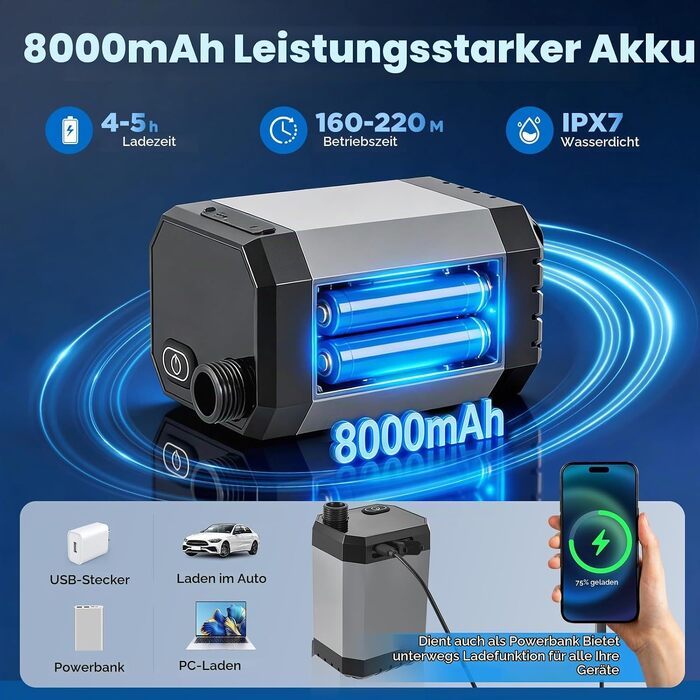 Портативний кемпінговий душ з помпою, акумулятором 8000mAh, підігрівом води та складаним відром 20Л, IPX7 водонепроникний